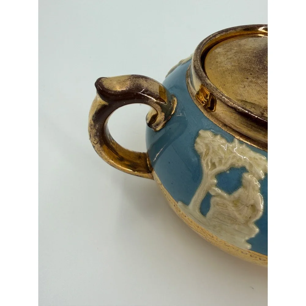 Vintage Gibson Staffordshire England Blue‎ Gold Lidded Sugar Bowl